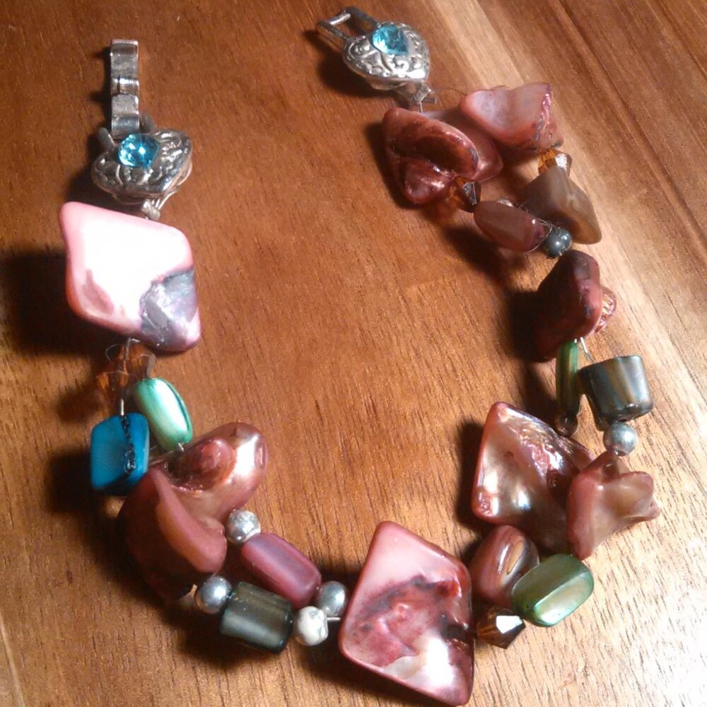 Multi-Color Shell and Blue Crystal Heart Design Silvertone Bracelet (7 Inch)